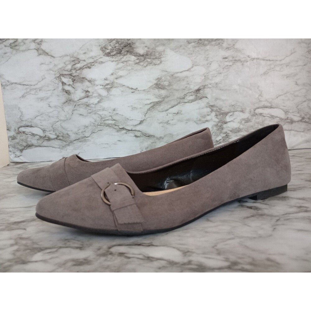 Veittes Grey Faux Suede Pointed Toe Flats Buckle Detail Size 11W